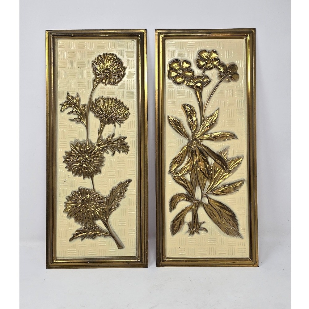 Vtg Elpec England brass floral wall plaques mid century gold decor set of 2